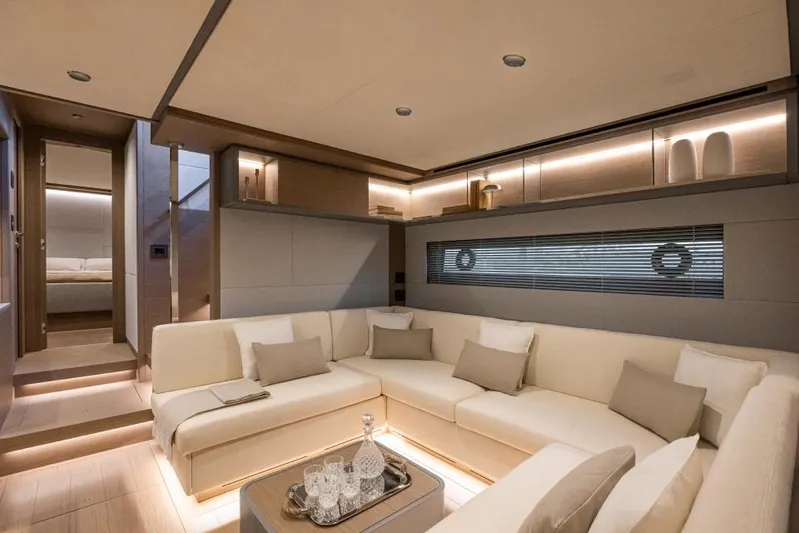  Yacht Photos Pics Luxurious interior of 2026 Pardo Yachts GT75 with elegant seating and modern decor.