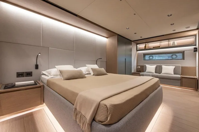  Yacht Photos Pics Luxurious interior of 2026 Pardo Yachts GT75, featuring elegant bedroom design and modern furnishings.