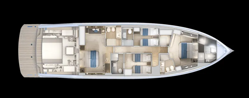  Yacht Photos Pics 2026 Pardo Yachts GT75 interior layout with multiple cabins and bathrooms, top view.