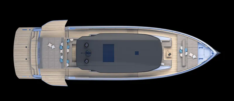  Yacht Photos Pics Top view of 2026 Pardo Yachts GT75 luxury yacht, showcasing sleek design and spacious deck layout.
