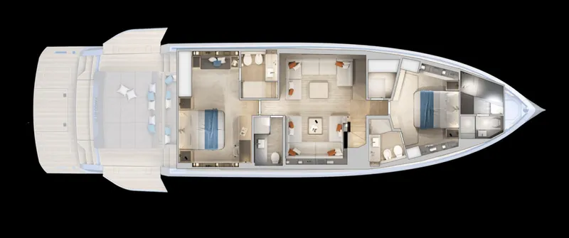  Yacht Photos Pics Top view of 2026 Pardo Yachts GT75 interior layout, showcasing luxurious cabins and amenities.
