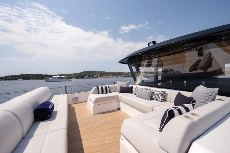  Yacht Photos Pics Luxurious 2026 Pardo Yachts GT75 with elegant deck seating and scenic ocean view.