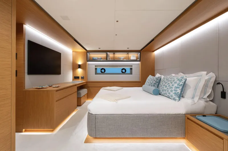  Yacht Photos Pics Luxurious interior of 2026 Pardo Yachts GT75, featuring modern bedroom design and ambient lighting.
