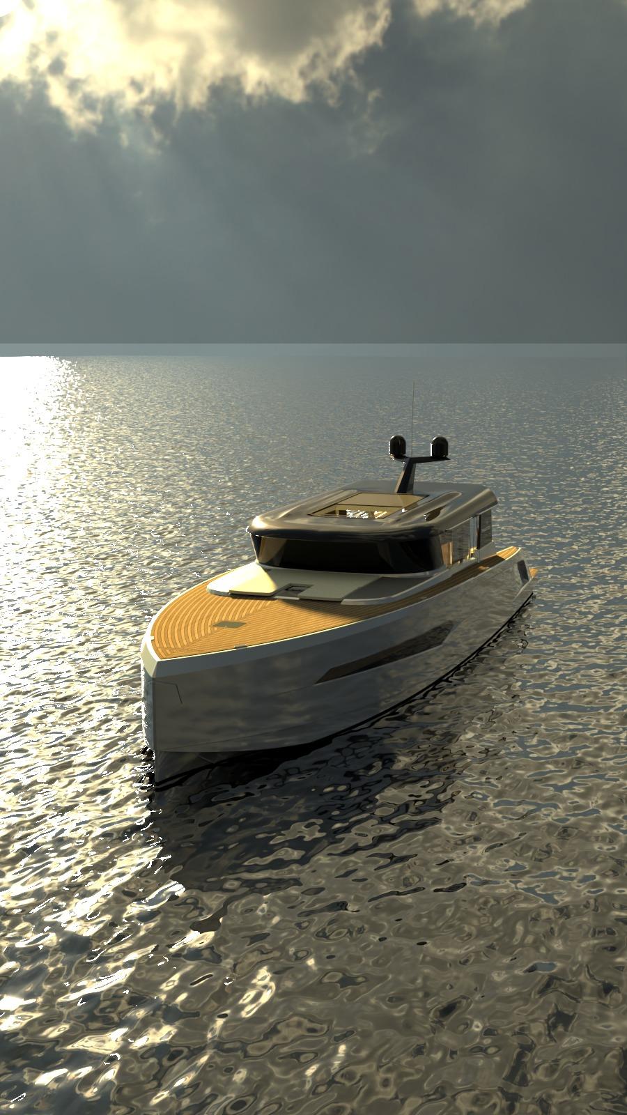Futuristic Phantom Spook Cabin Cruiser 62 yacht on serene water, 2026 model.