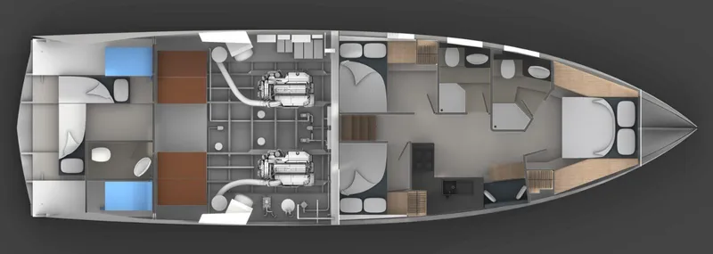  Yacht Photos Pics Top view layout of 2026 Phantom Spook Cabin Cruiser 62, showcasing interior design and engine placement.
