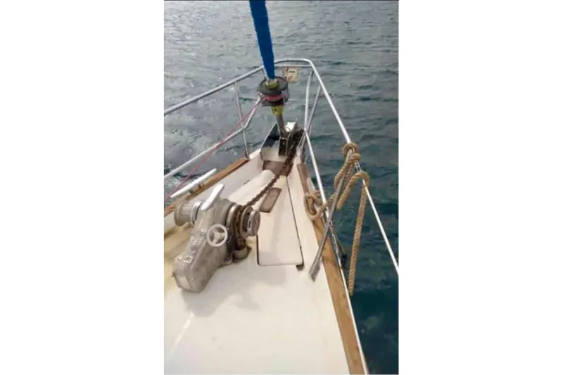 Lady Vague Yacht Photos Pics Bow of 2001 Beneteau 50 sailboat with anchor and ropes on deck.