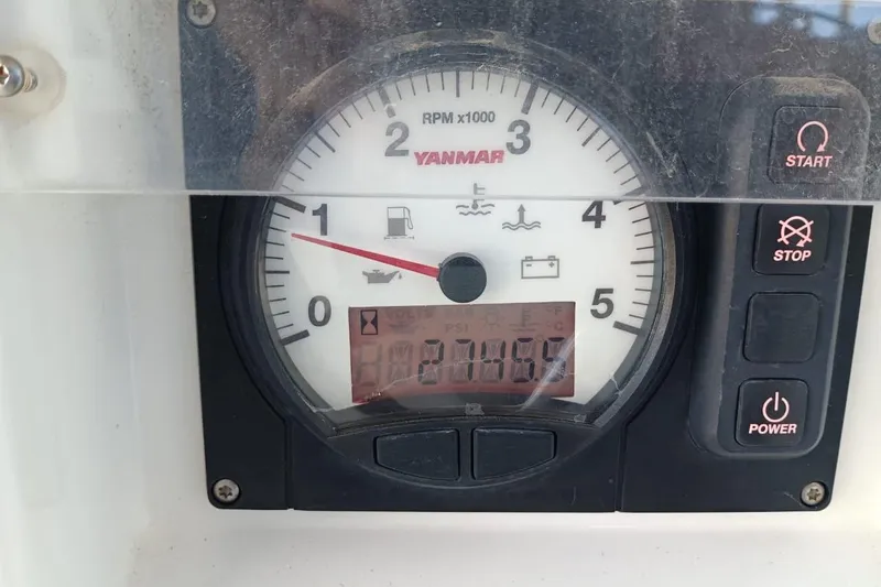  Yacht Photos Pics Yanmar engine control panel on 2020 Lagoon 450 F catamaran, displaying RPM and engine hours.