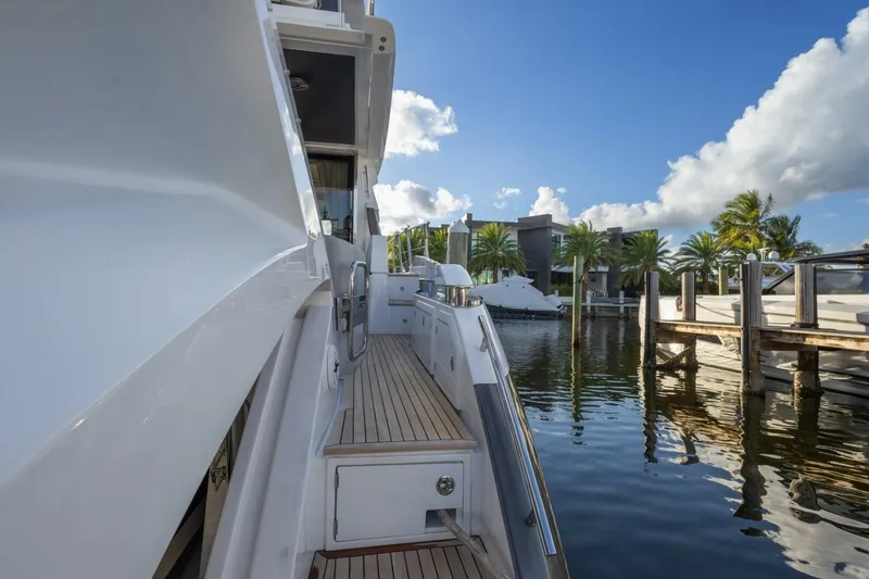 Asymmetry Yacht Photos Pics 2023 Azimut S6 Sport-Fly yacht docked, showcasing sleek design and luxurious waterfront setting.