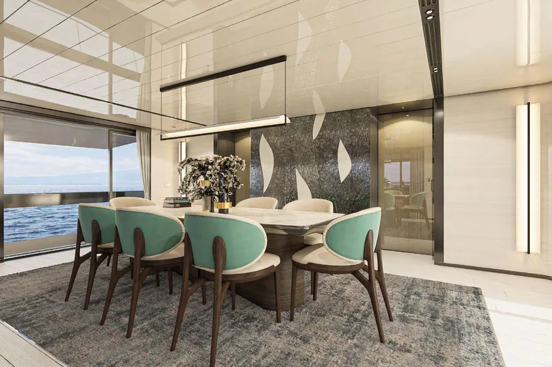  Yacht Photos Pics Luxurious dining area on 2025 Columbus Yachts Atlantique, featuring elegant decor and ocean views.