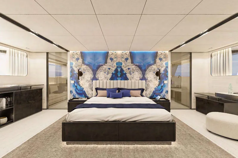  Yacht Photos Pics Luxurious bedroom interior on 2025 Columbus Yachts Atlantique, featuring elegant design and modern decor.