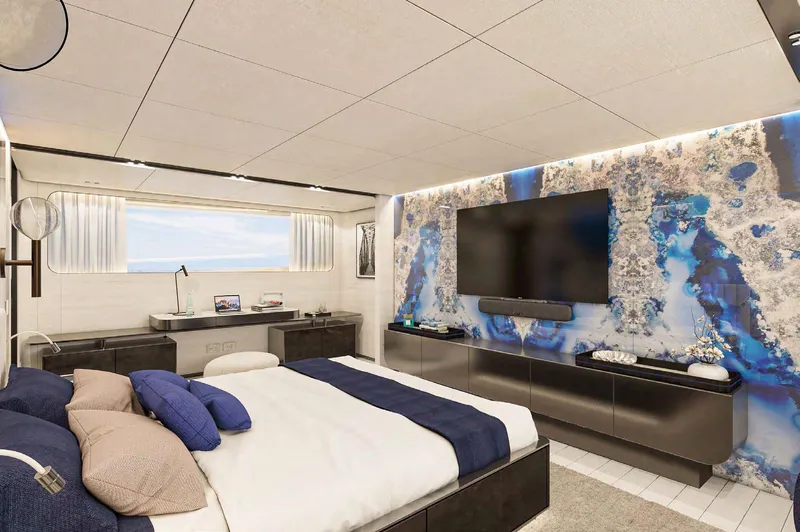  Yacht Photos Pics Luxurious bedroom interior on 2025 Columbus Yachts Atlantique, featuring modern decor and ocean view.