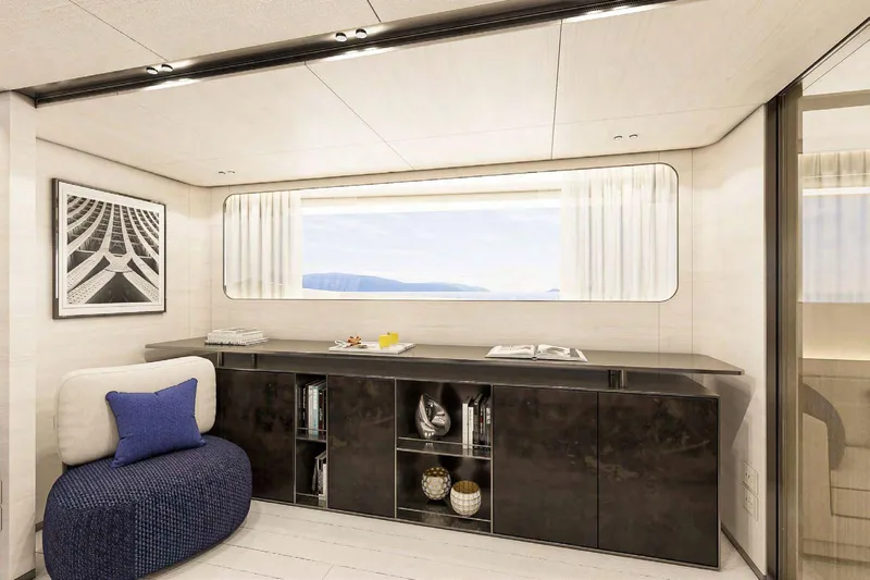  Yacht Photos Pics Luxurious interior of 2025 Columbus Yachts Atlantique, featuring modern decor and large window view.