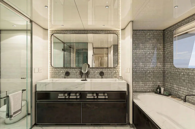  Yacht Photos Pics Luxurious bathroom in 2025 Columbus Yachts Atlantique, featuring modern design and elegant fixtures.