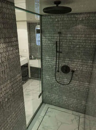  Yacht Photos Pics Luxurious 2025 Columbus Yachts Atlantique bathroom with modern shower and elegant marble flooring.