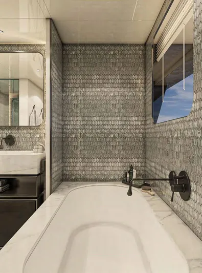  Yacht Photos Pics Luxurious bathroom in 2025 Columbus Yachts Atlantique, featuring elegant tile design and modern fixtures.