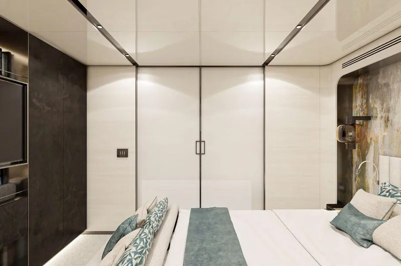 Yacht Photos Pics Luxurious bedroom interior on 2025 Columbus Yachts Atlantique, featuring modern design and elegant decor.