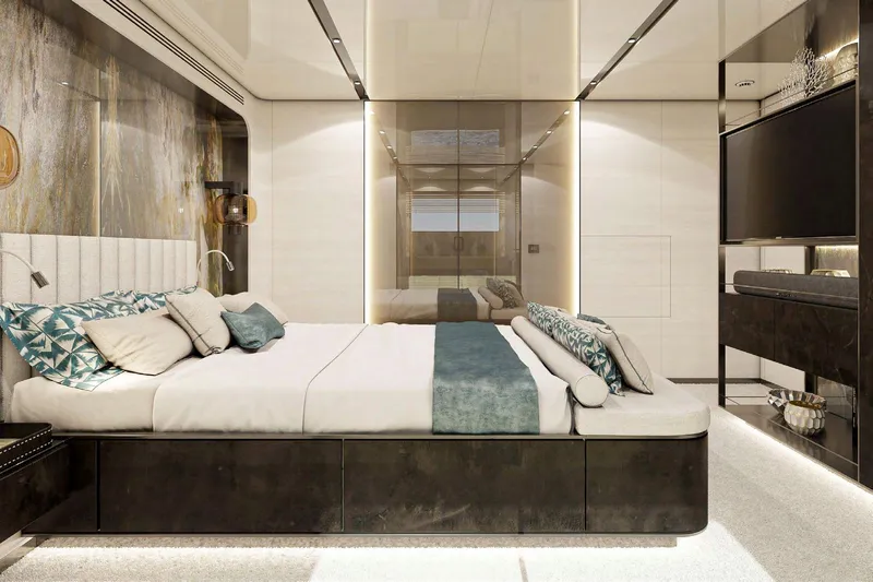  Yacht Photos Pics Luxurious bedroom interior on 2025 Columbus Yachts Atlantique, featuring modern design and elegant decor.
