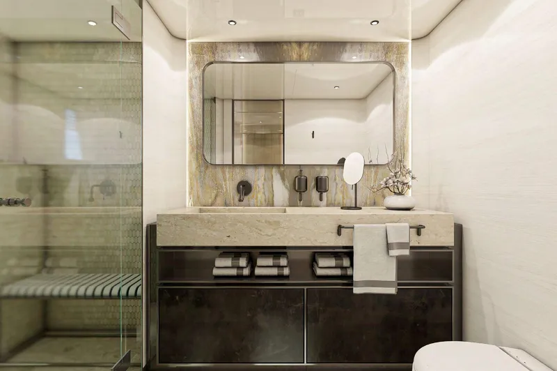  Yacht Photos Pics Luxurious bathroom in 2025 Columbus Yachts Atlantique, featuring modern fixtures and elegant design.