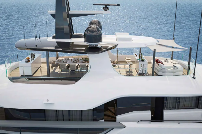  Yacht Photos Pics Luxurious 2025 Columbus Yachts Atlantique with spacious deck and modern amenities, cruising on serene waters.