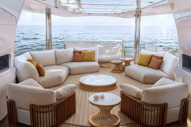  Yacht Photos Pics Luxurious 2025 Columbus Yachts Atlantique interior with elegant seating and ocean view.
