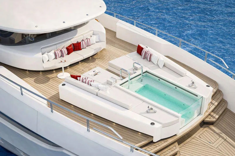  Yacht Photos Pics Luxurious 2025 Columbus Yachts Atlantique with deck jacuzzi and elegant seating.