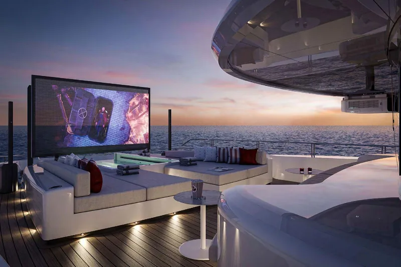  Yacht Photos Pics Luxurious Columbus Yachts Atlantique 2025 with outdoor cinema at sunset on the ocean.