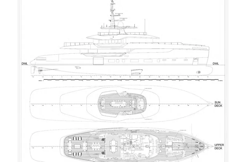  Yacht Photos Pics Blueprint of 2025 Columbus Yachts Atlantique, showcasing side, sun deck, and upper deck views.