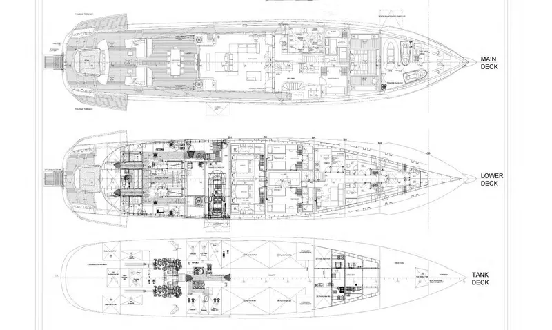  Yacht Photos Pics Blueprint of 2025 Columbus Yachts Atlantique, showcasing main, lower, and tank decks.