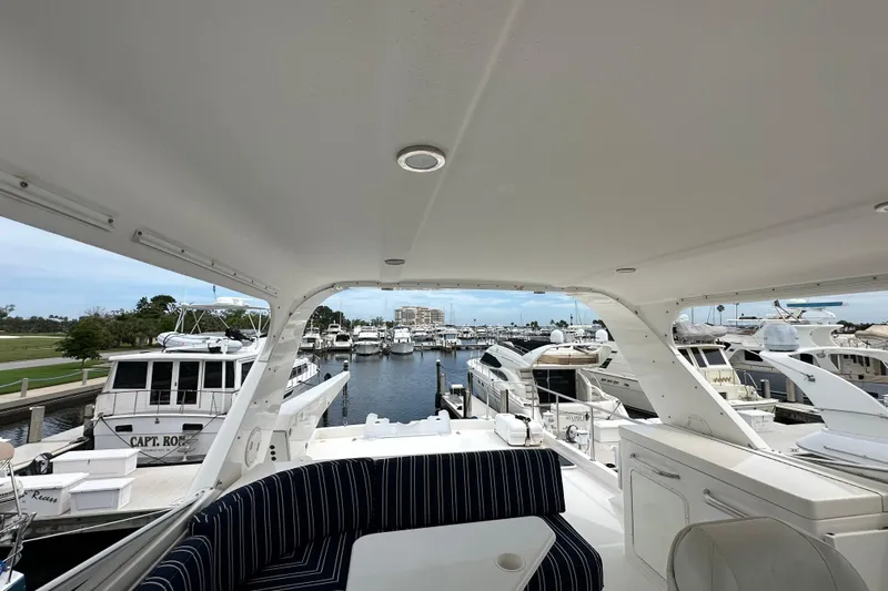 Odds Are Yacht Photos Pics 2003 Pacific Mariner 65 SE Motoryacht docked in a marina, view from the deck.