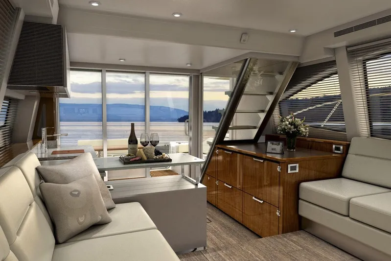  Yacht Photos Pics Luxurious interior of 2018 Sea Ray Fly 520 yacht with elegant seating and scenic views.