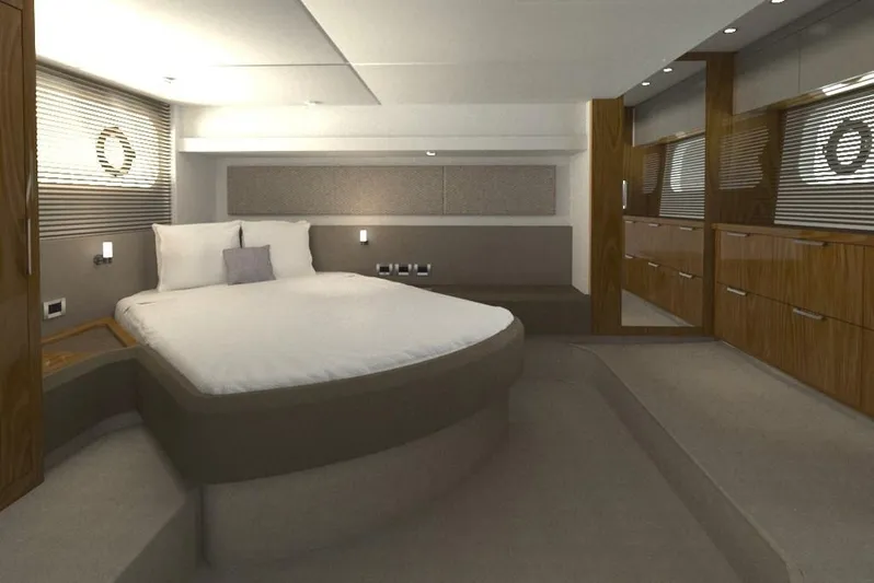  Yacht Photos Pics Luxurious bedroom interior of 2018 Sea Ray Fly 520 yacht with modern design and wood accents.