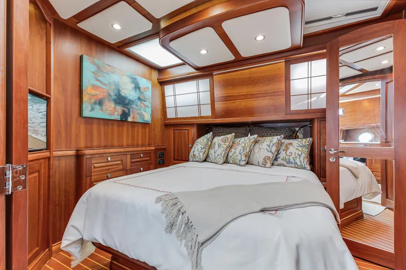 Sandcrab Yacht Photos Pics Luxurious 2018 Sabre 66 Dirigo yacht bedroom with elegant wood paneling and cozy bedding.