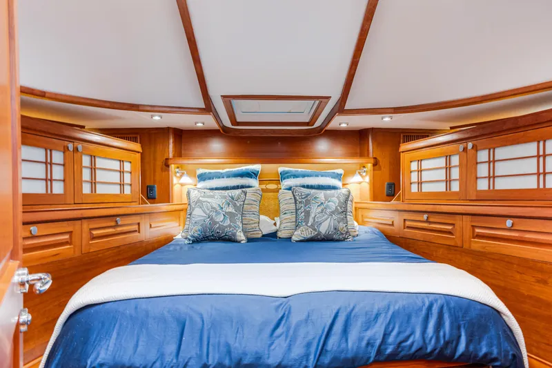 Sandcrab Yacht Photos Pics Luxurious cabin interior of 2018 Sabre 66 Dirigo yacht with elegant wood finish.