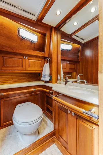 Sandcrab Yacht Photos Pics Luxurious wooden bathroom interior in 2018 Sabre 66 Dirigo yacht.