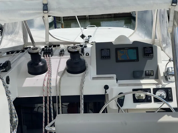Seventeen Yacht Photos Pics Cockpit of a 2020 Leopard 50 yacht with navigation instruments and winches.