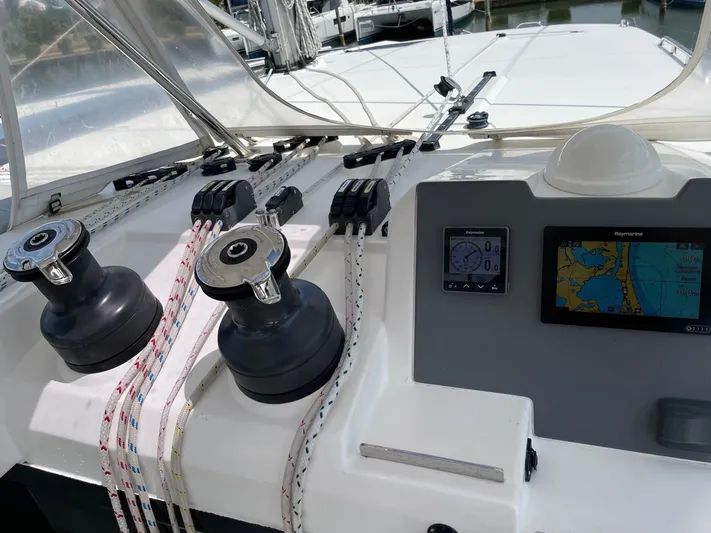 Seventeen Yacht Photos Pics Control panel and winches on a 2020 Leopard 50 sailboat.