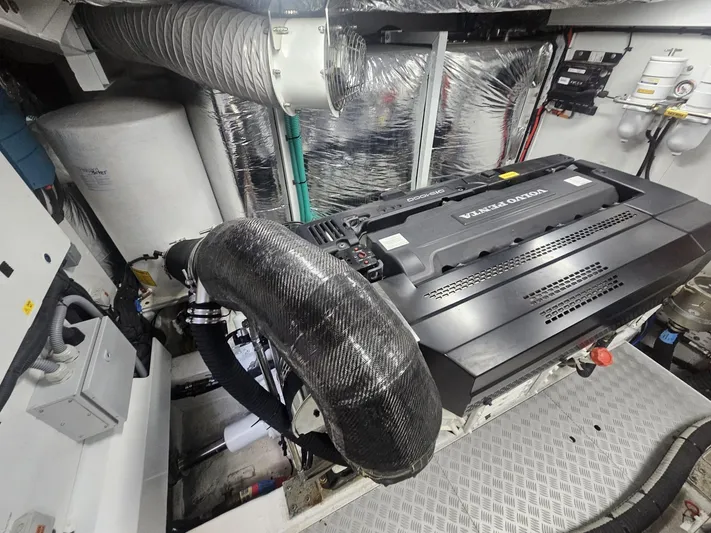  Yacht Photos Pics Engine room of 2020 Princess F62 yacht with Volvo Penta engine.