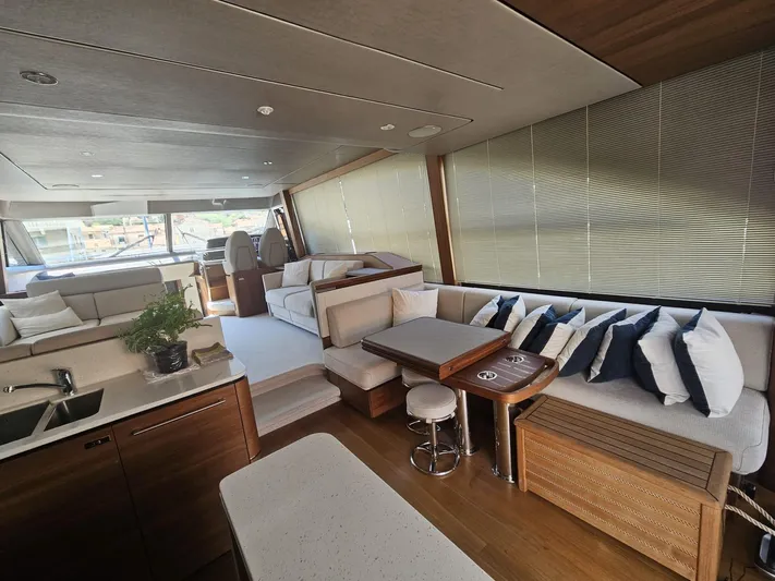  Yacht Photos Pics Luxurious interior of 2020 Princess F62 yacht with modern seating and elegant decor.