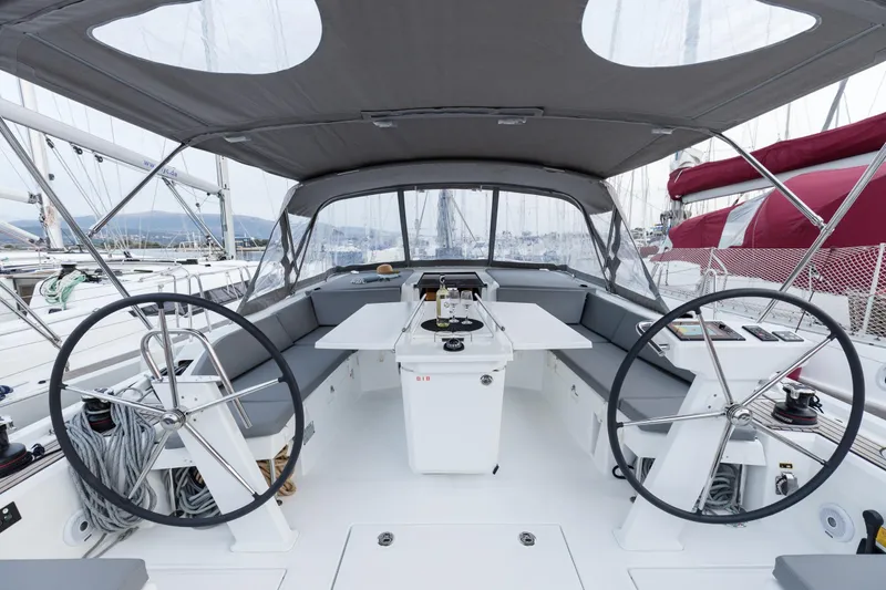  Yacht Photos Pics Spacious cockpit of 2020 Beneteau Oceanis 46.1 sailboat with dual steering wheels.