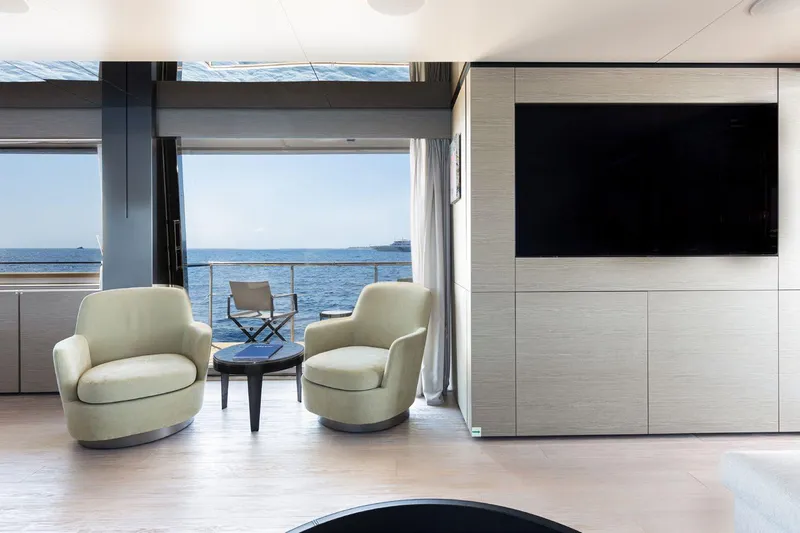 Haiami Yacht Photos Pics Luxurious interior of 2022 Custom Line Navetta 33 yacht with ocean view.