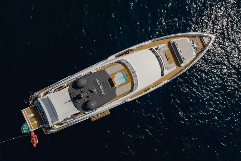 Haiami Yacht Photos Pics Aerial view of 2022 Custom Line Navetta 33 yacht on open water.