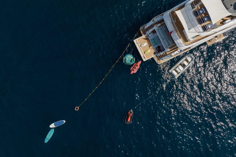 Haiami Yacht Photos Pics Aerial view of 2022 Custom Line Navetta 33 yacht with watercraft and paddleboards.