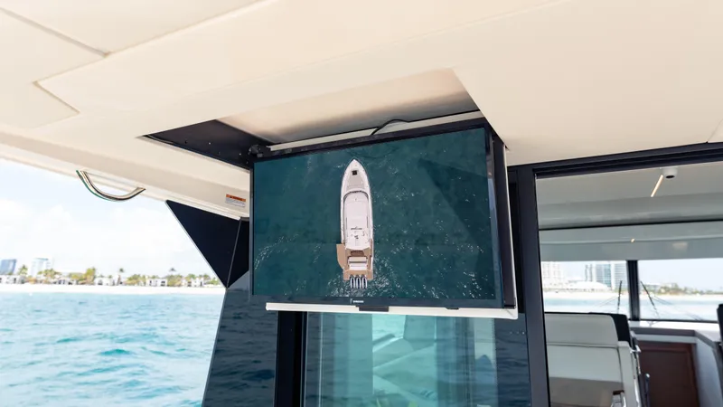  Yacht Photos Pics 2024 Tiara Yachts 48 LE displaying aerial view on onboard screen.