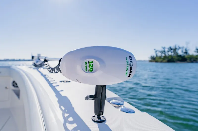  Yacht Photos Pics 2025 SeaVee 370Z boat with Rhodan GPS anchor on a sunny day.