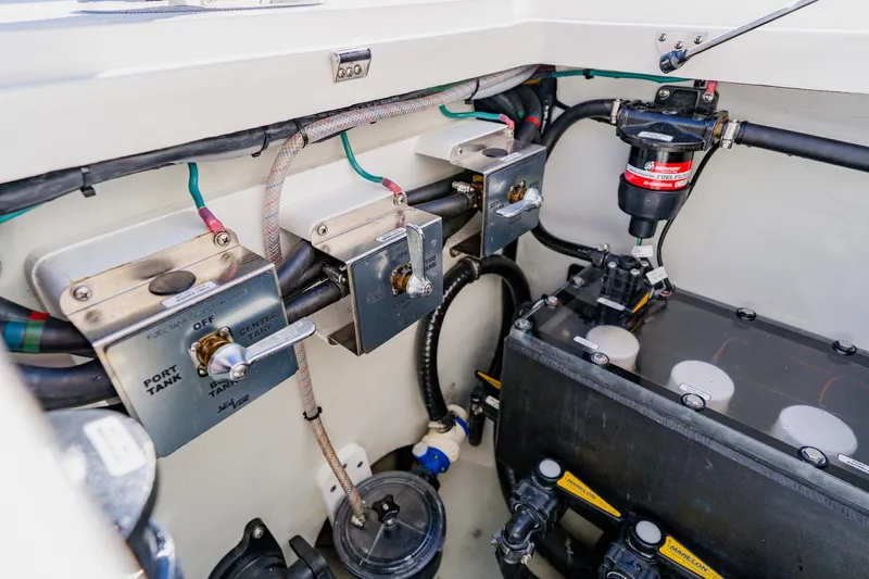  Yacht Photos Pics Engine compartment of 2025 SeaVee 370Z boat, showing fuel system and components.