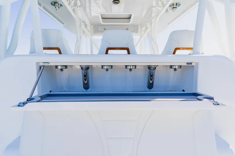  Yacht Photos Pics 2025 SeaVee 370Z boat interior with open storage compartment and sleek design.