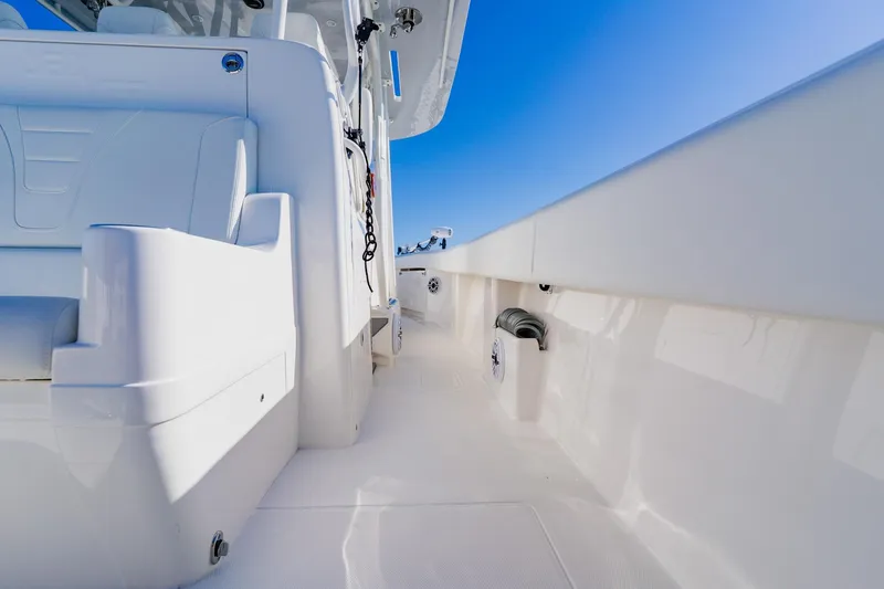  Yacht Photos Pics 2025 SeaVee 370Z boat interior with sleek white design and modern features.