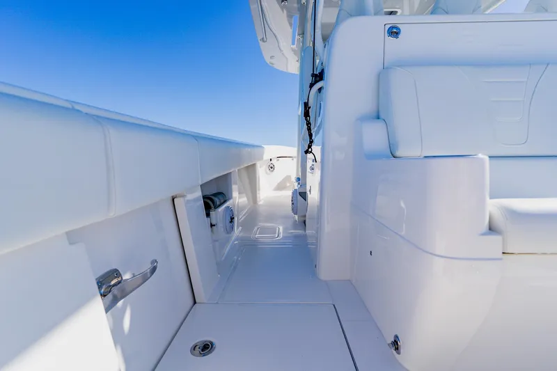  Yacht Photos Pics 2025 SeaVee 370Z boat interior with sleek white seating and modern design.