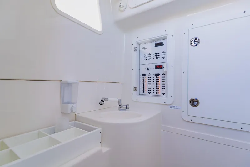  Yacht Photos Pics Interior of 2025 SeaVee 370Z boat featuring control panel and sink area.