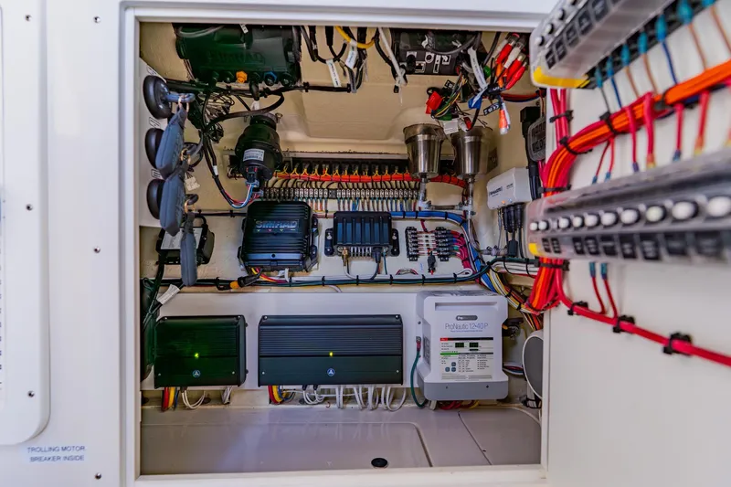  Yacht Photos Pics Electrical panel of 2025 SeaVee 370Z boat, showcasing wiring and components.